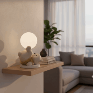 αρκουδακι λευκό με χρυσό φανελάκι και μπαλα φωτιστικο αφης στα πόδια