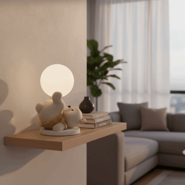 αρκουδακι λευκό με χρυσό φανελάκι και μπαλα φωτιστικο αφης στα πόδια