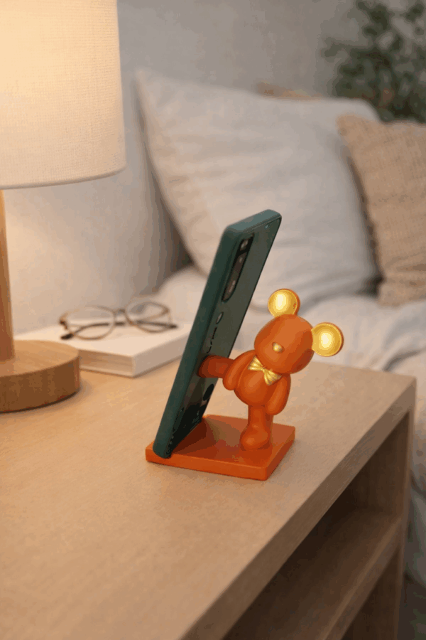 Βάση κινητού-tablet αρκουδάκι πορτοκαλί με χρυσά αυτιά και χρυσό παπιγιόν