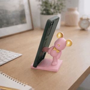 Βάση κινητού-tablet αρκουδάκι ροζ με χρυσά αυτιά και χρυσό παπιγιόν