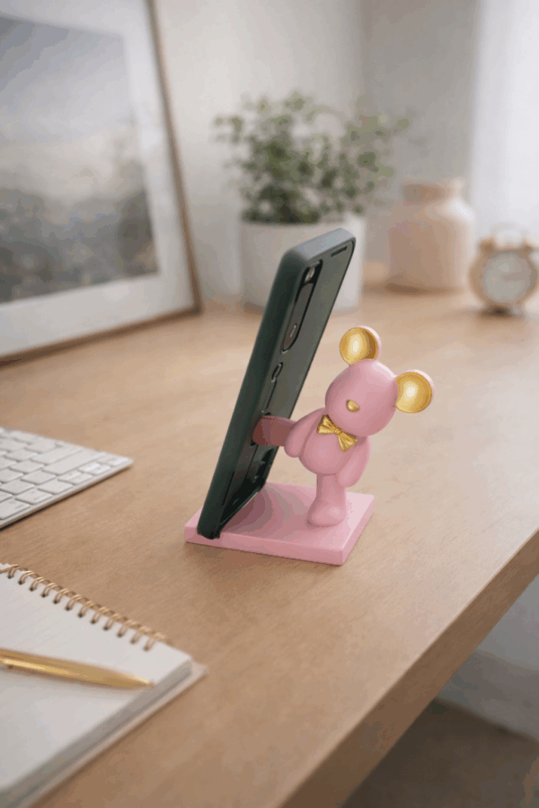 Βάση κινητού-tablet αρκουδάκι ροζ με χρυσά αυτιά και χρυσό παπιγιόν
