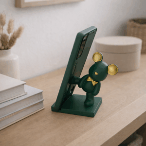 Βάση κινητού-tablet αρκουδάκι κόκκινο με χρυσά αυτιά και χρυσό παπιγιόν