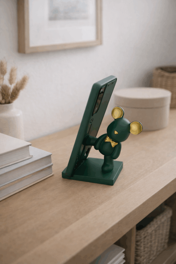 Βάση κινητού-tablet αρκουδάκι κόκκινο με χρυσά αυτιά και χρυσό παπιγιόν