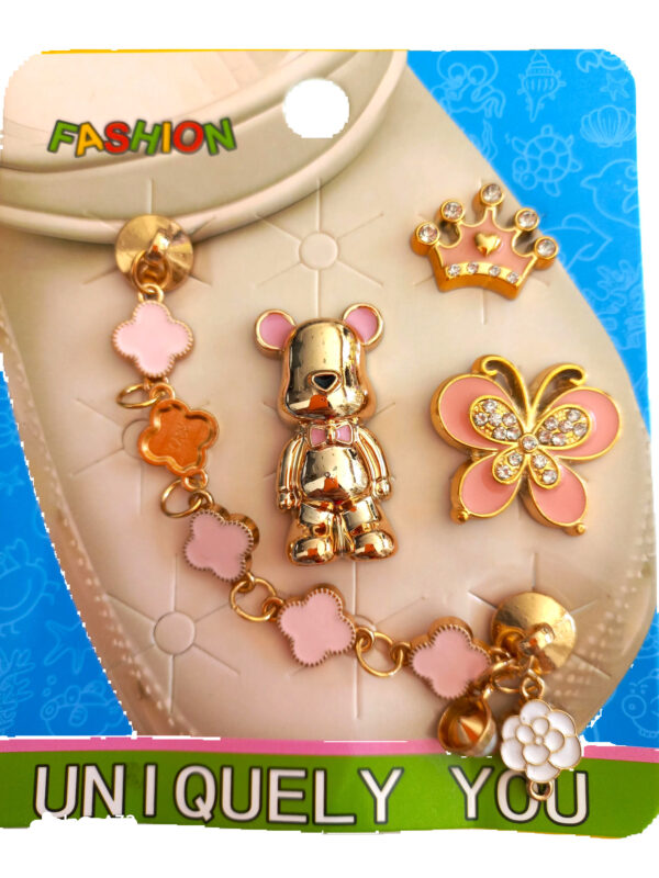 Σετ διακοσμητικών για Crocs με ροζ αρκουδάκι, χρυσή κορώνα, πεταλούδα και βραχιολάκι - charms για Crocs