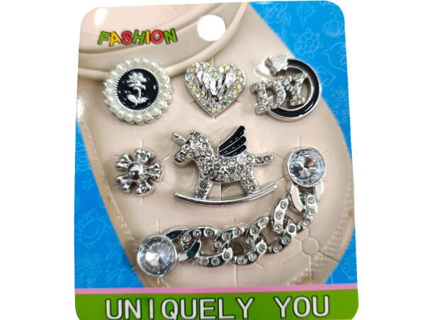 Σετ ασημί charms για Crocs με καρδιά, κούνια-αλογάκι, μονόκερο και λουλουδάκι με στρας