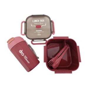 lunch box μπορντό με χωρίσματα και θερμός μπουκάλι 1000ml