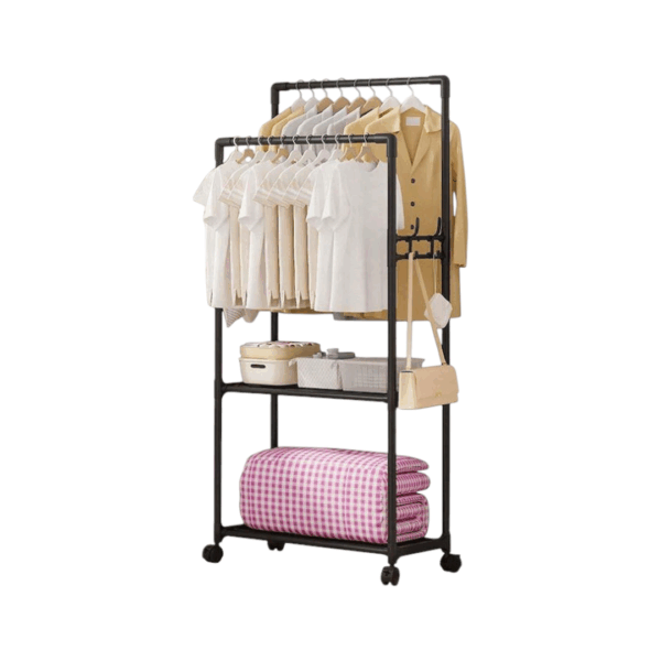 Μεταλλική τροχήλατη κρεμάστρα δαπέδου με 2 ράφια και πλαϊνές κρεμάστρες – 166x56x33cm