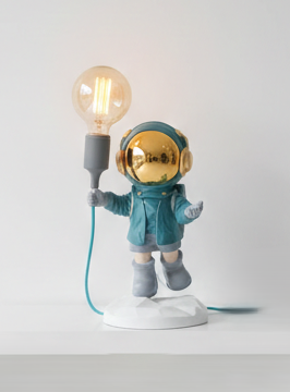 φωτιστικο αστροναυτης σε πρασινο χρωμα με γκρι ντουι και τιρκουαζ καλωδιο , λαμπα led